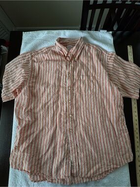 Brooks Brothers Men's Linen Short Sleeve Button-Up Shirt, Peach W/ Stripes, XXL
